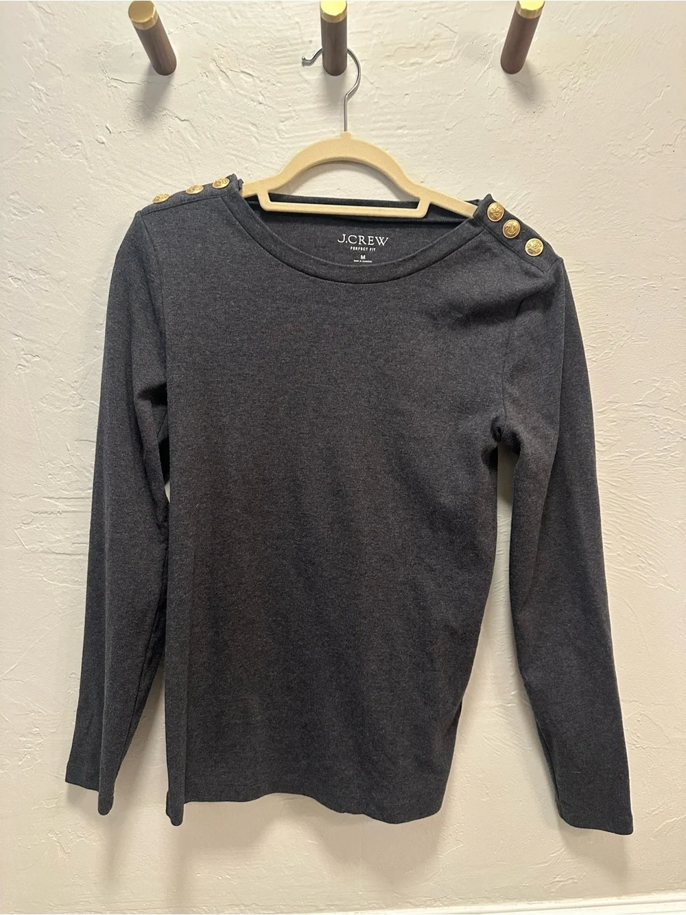 J. Crew Dark Gray Long Sleeve Top with Gold Shoulder Buttons